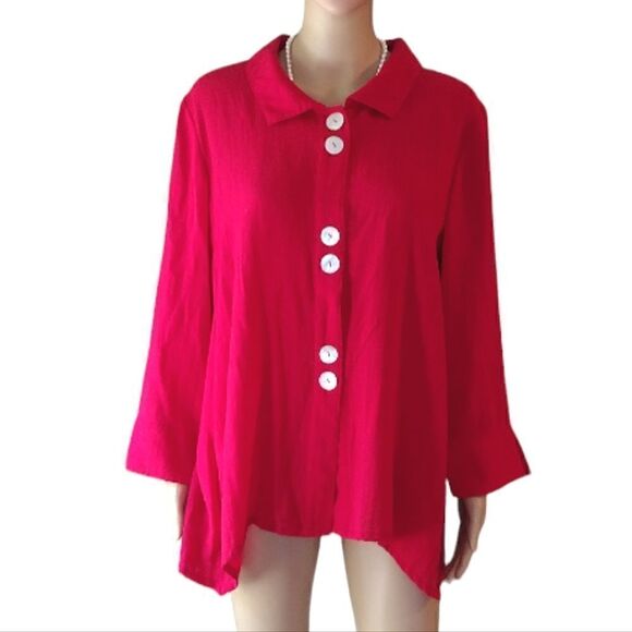 Fridaze Women's Size Small 100% Linen Solid Red Flowy Blouse Button up Top - Picture 1 of 11